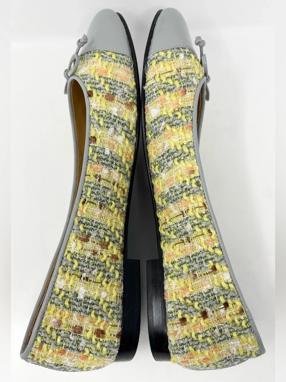 Tory Burch Tweed Ballet Flats Gray Yellow Leather Cap Toe Bow Size 9.5